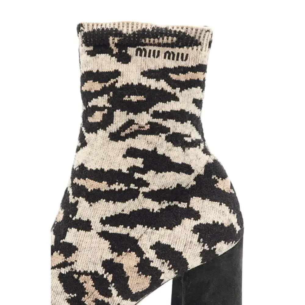 Miu Miu Leopard Print Jacquard Knit Ankle Sock Boots